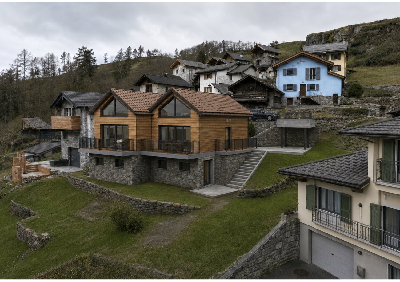 Rendering zweier Holzhäuser mit Lärchenfassade in alpiner Lage